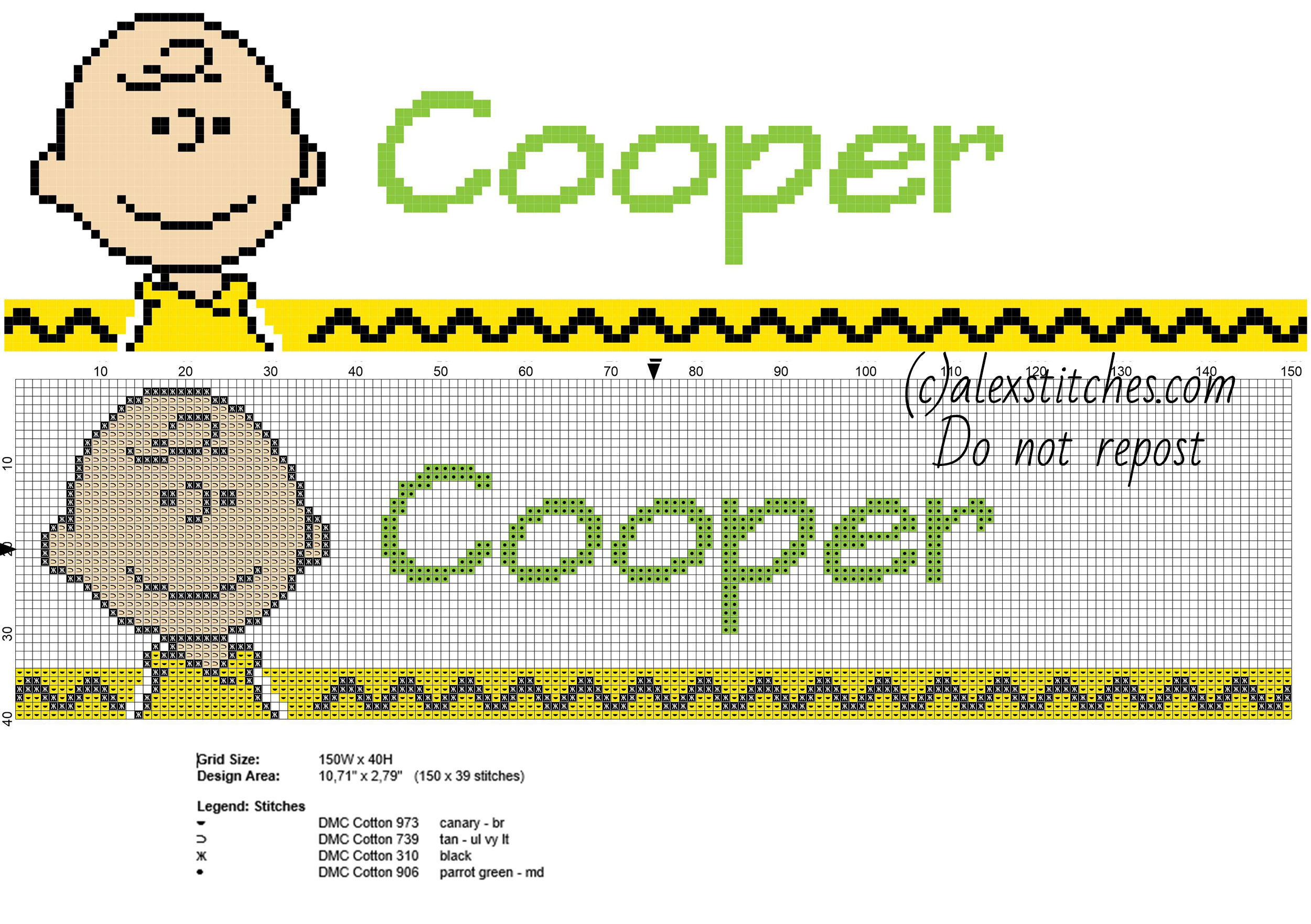 Cooper cross stitch baby male name with Charlie Brown Peanuts