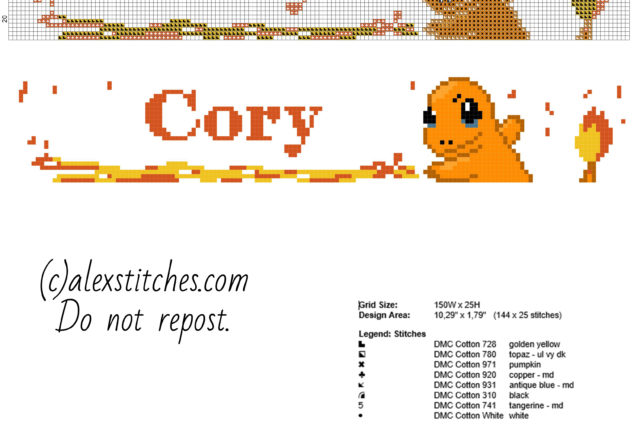 Cory cross stitch male baby name with Pokemon Charmander free download