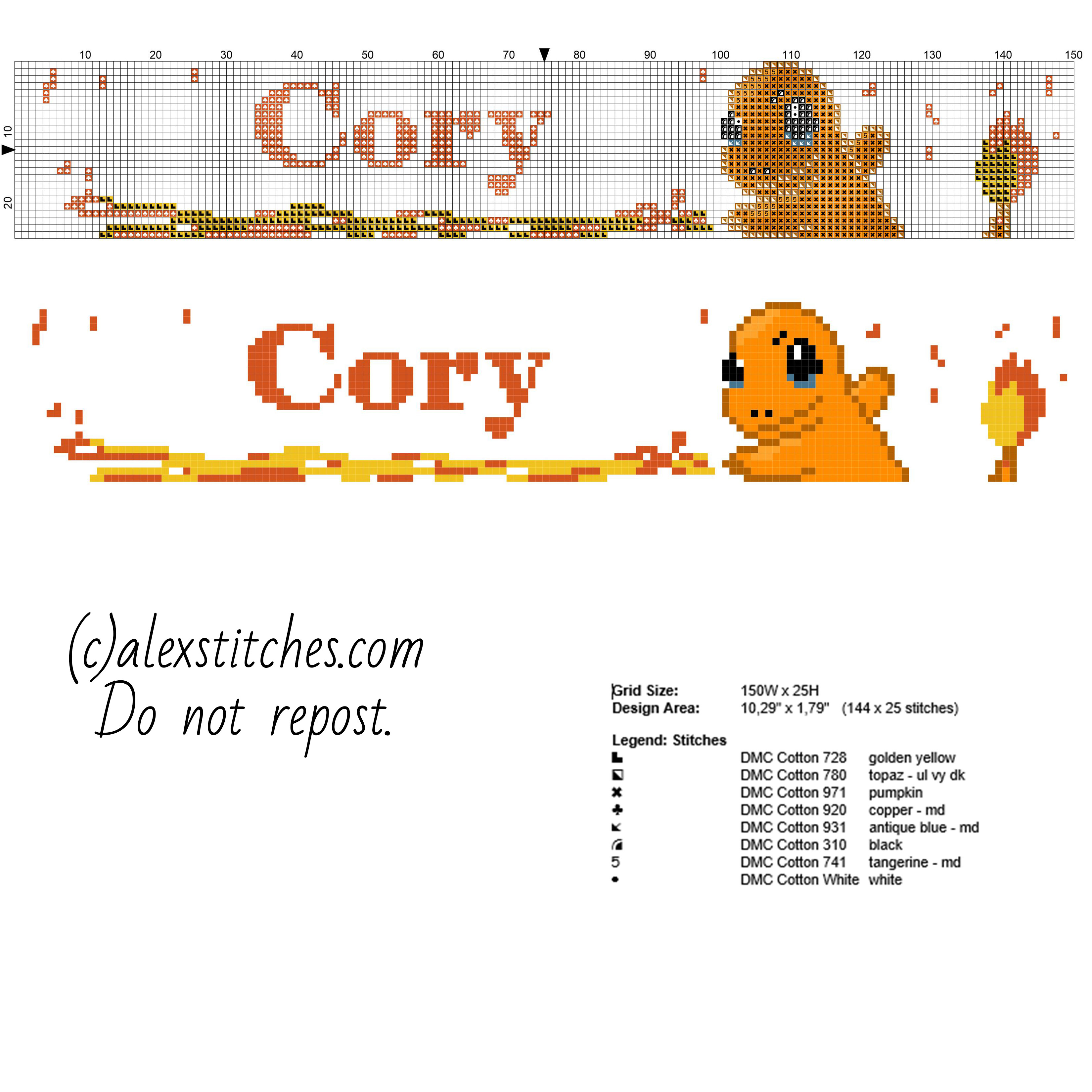 Cory cross stitch male baby name with Pokemon Charmander free download