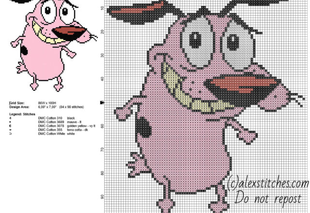 Courage the Cowardly Dog simple cross stitch pattern 84 x 98 stitches 5 DMC threads colors