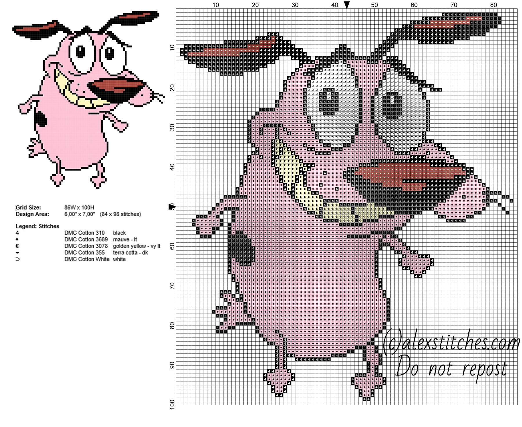 Courage the Cowardly Dog simple cross stitch pattern 84 x 98 stitches 5 DMC threads colors