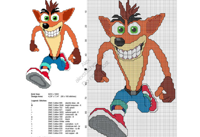 Crash Bandicoot PlayStation videogames character free cross stitch pattern