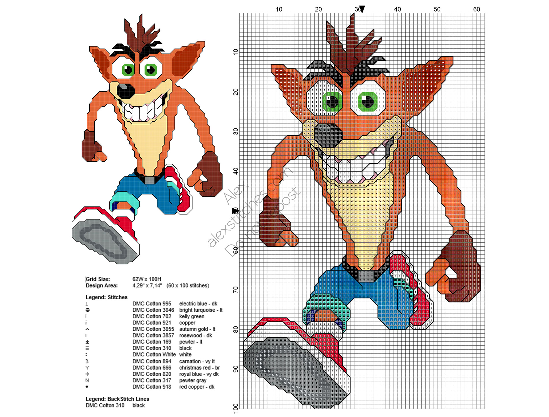 Crash Bandicoot PlayStation videogames character free cross stitch pattern