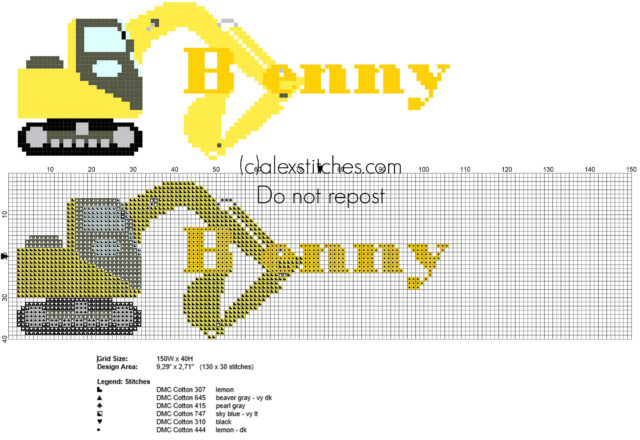 Cross stitch Benny name with excavator