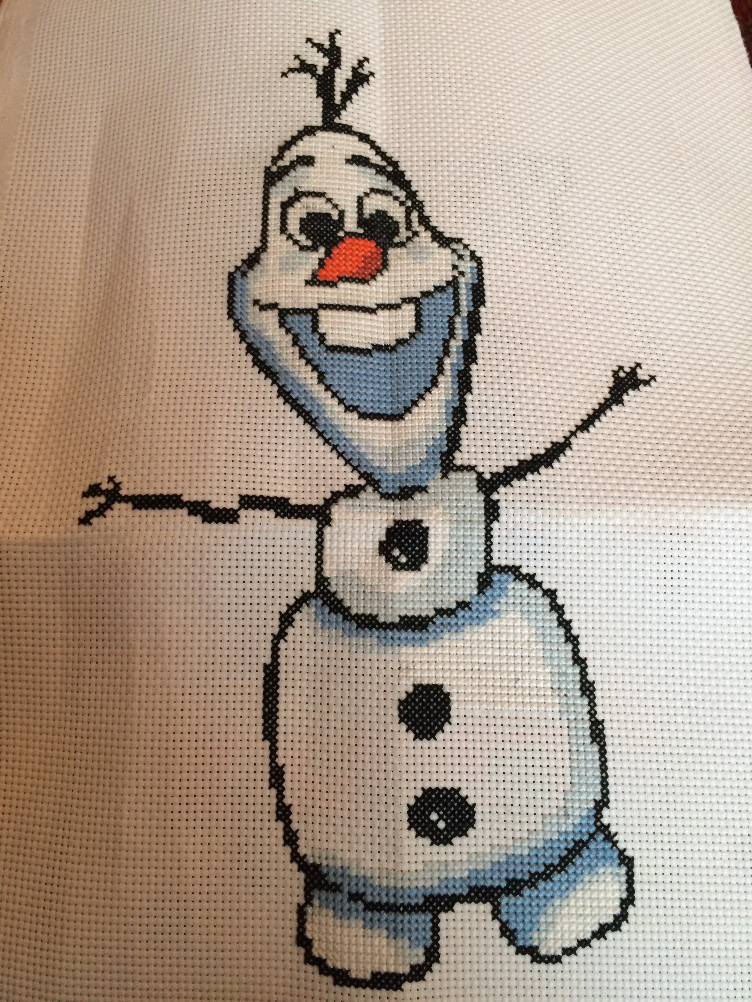 Cross stitch Frozen Olaf final work photo author Tara Easterbrook