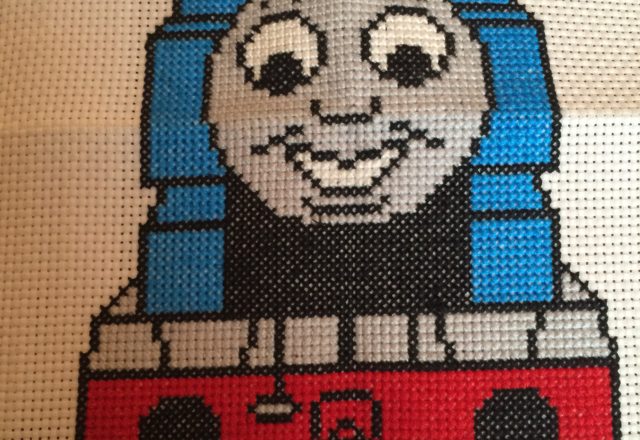 Cross stitch Thomas Train final work photo author Tara Easterbrook