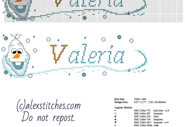Cross stitch Valeria baby female name with Disney Frozen Olaf