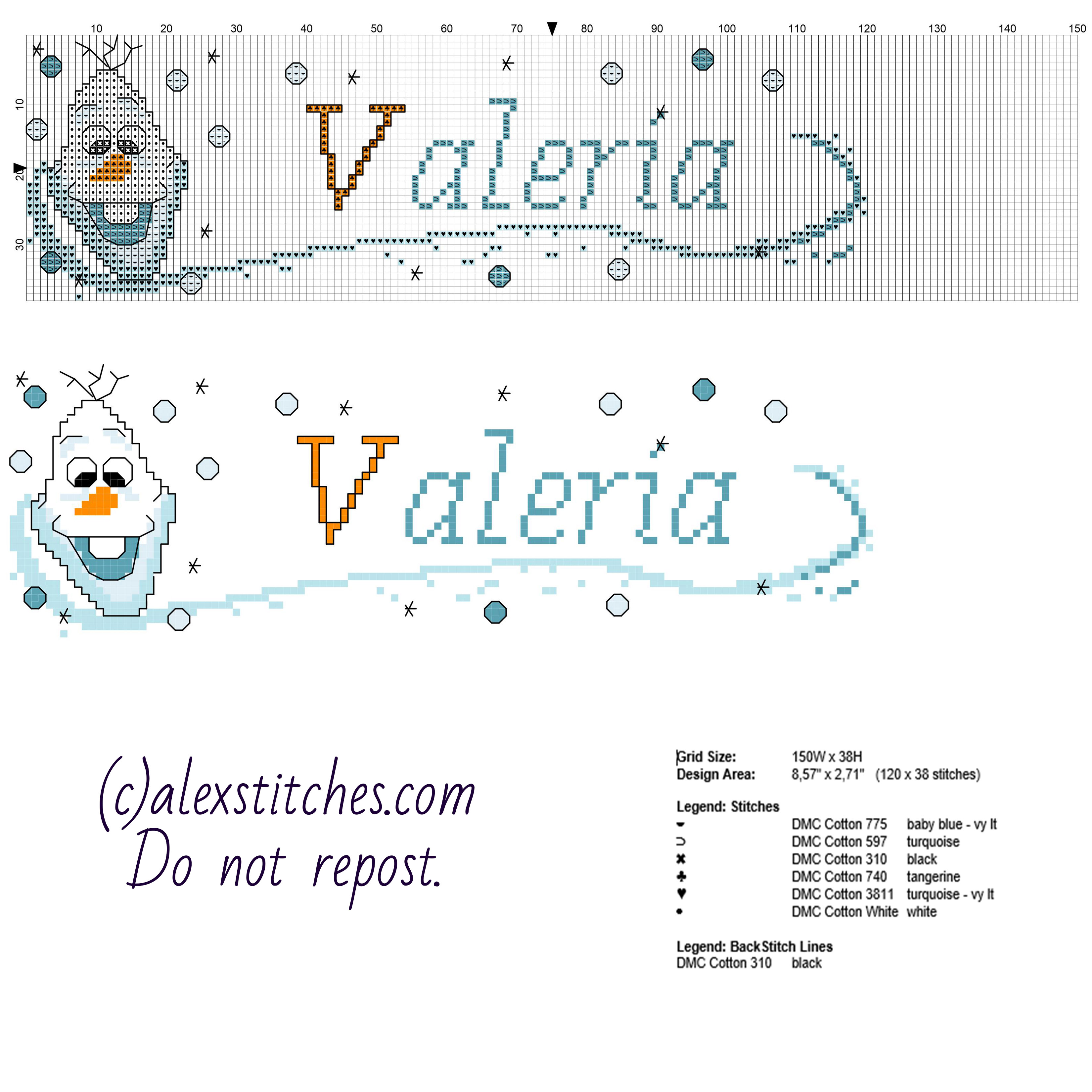 Cross stitch Valeria baby female name with Disney Frozen Olaf
