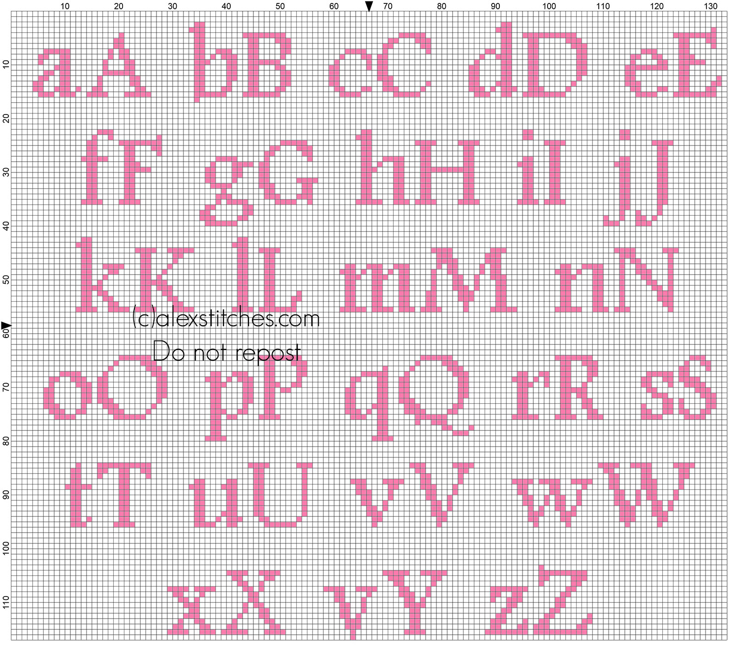 Cross stitch alphabet baby pink Footlight MT Light size 20 color DMC 3806