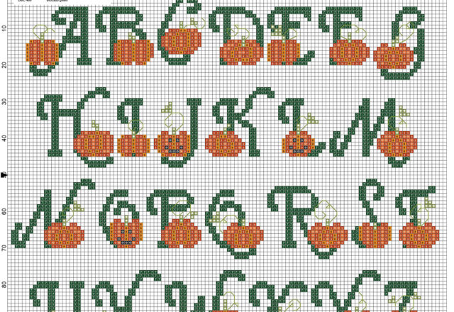 Cross stitch alphabet with Halloween pumpkins