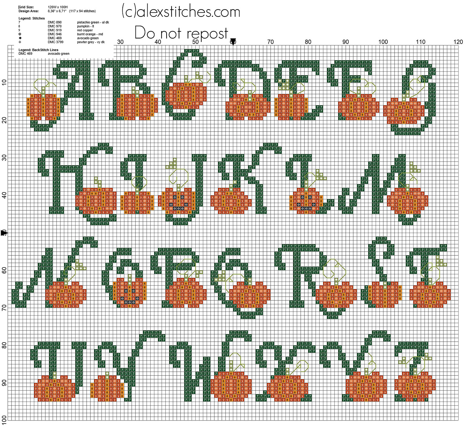 Cross stitch alphabet with Halloween pumpkins