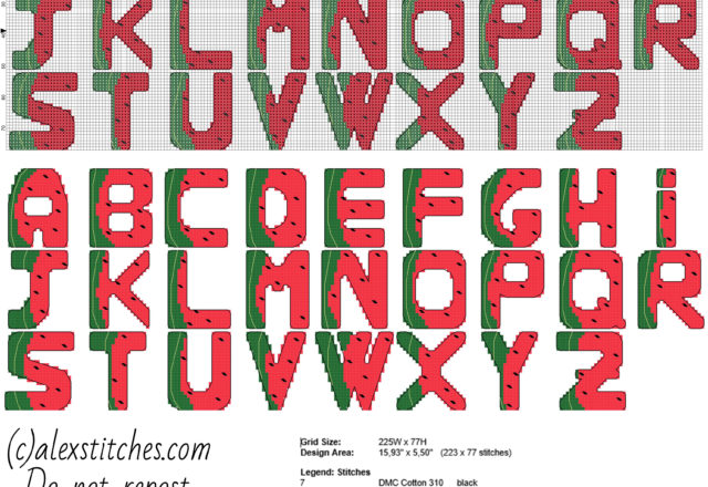 Cross stitch alphabet with watermelons fruits free download made with pcstitch software