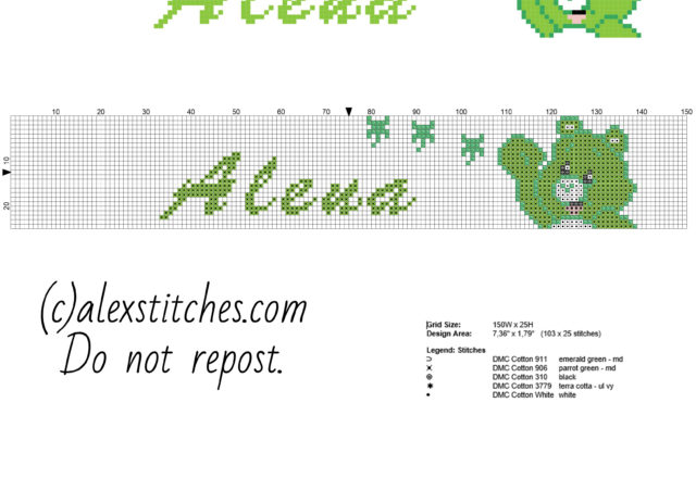 Cross stitch baby female name Alena with Care Bears Good Luck Bear free cross stitch pattern download