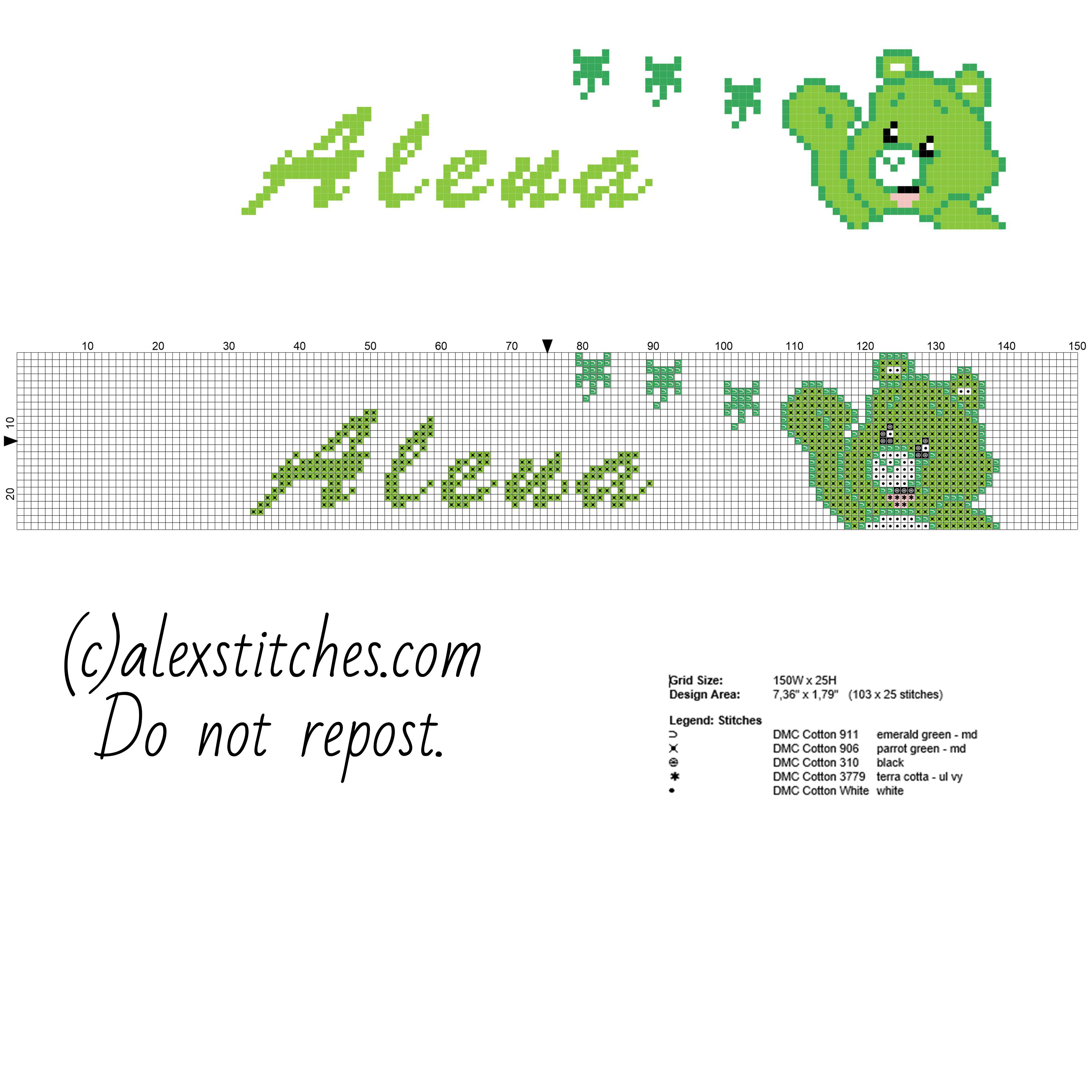 Cross stitch baby female name Alena with Care Bears Good Luck Bear free cross stitch pattern download