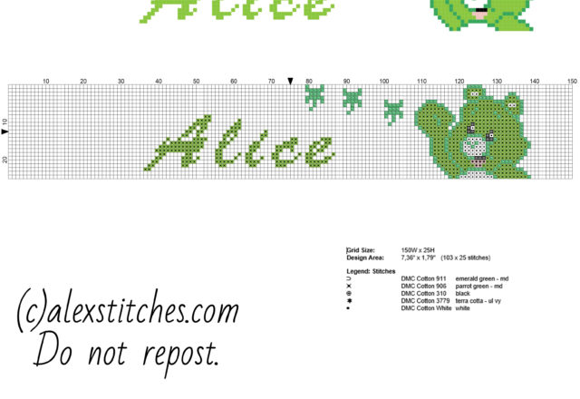 Cross stitch baby female name Alice with Care Bears Good Luck Bear free cross stitch pattern