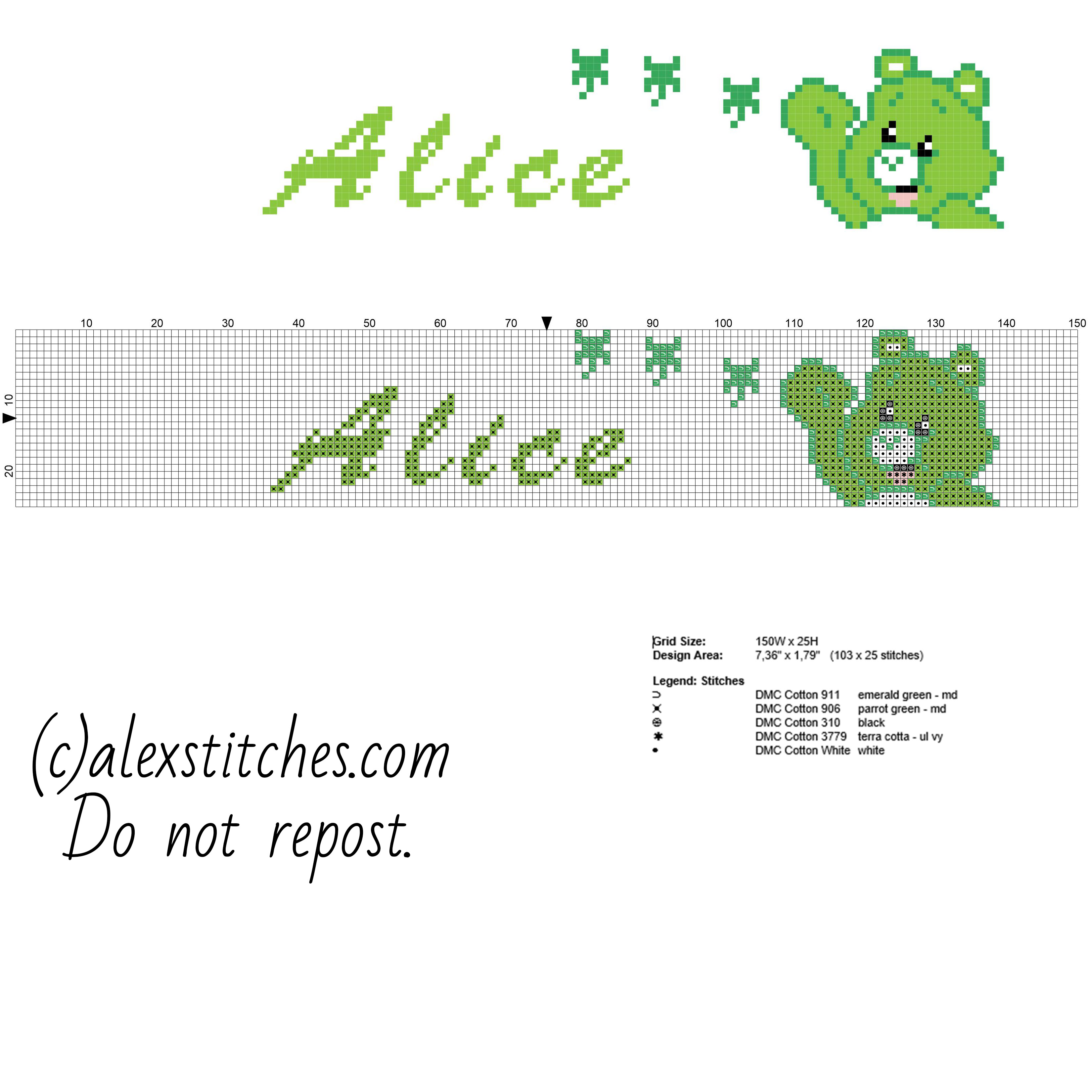 Cross stitch baby female name Alice with Care Bears Good Luck Bear free cross stitch pattern