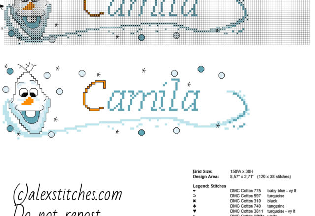 Cross stitch baby female name Camila with Disney Frozen Olaf free download