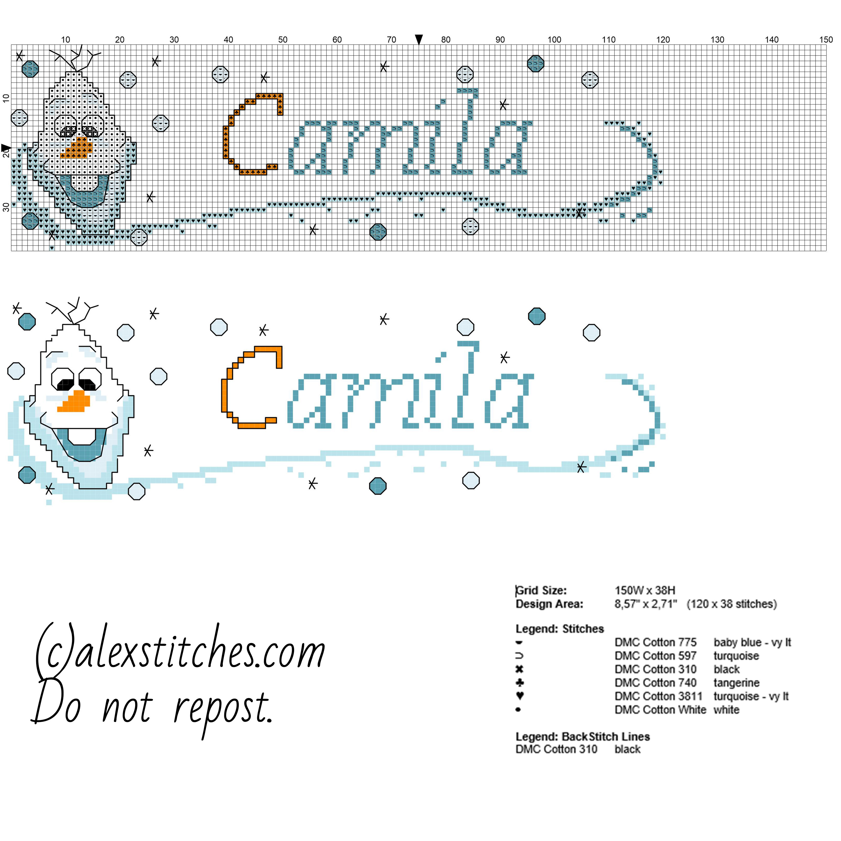 Cross stitch baby female name Camila with Disney Frozen Olaf free download