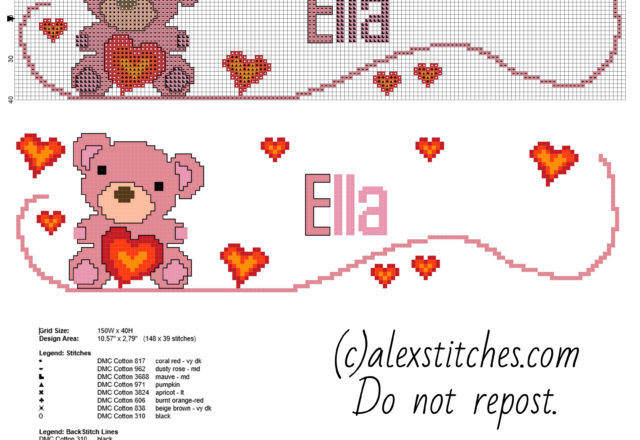 Cross stitch baby female name Ella with a sweet teddy bear free pcstitch download