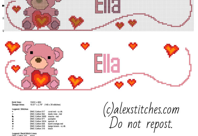 Cross stitch baby female name Ella with a sweet teddy bear free pcstitch download