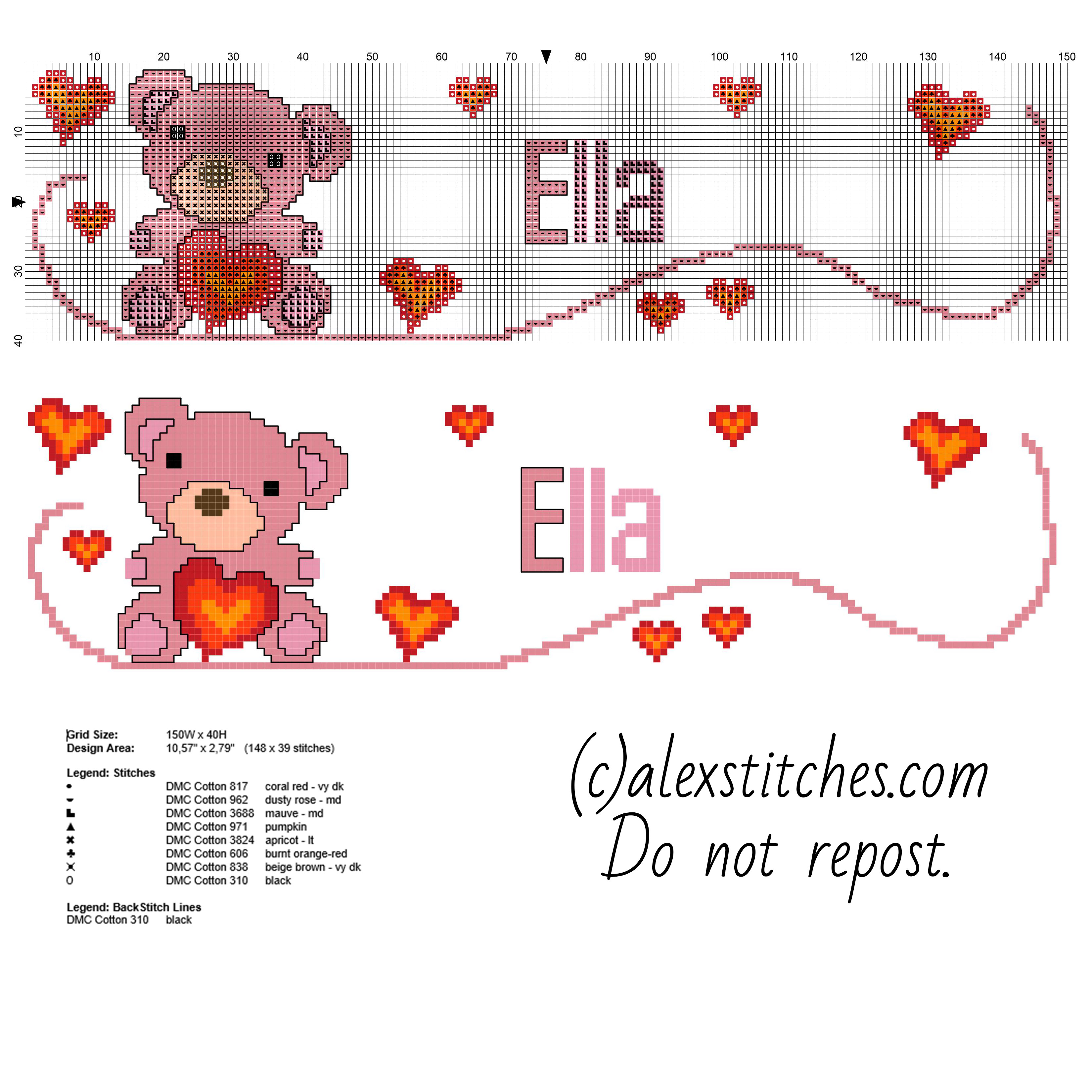 Cross stitch baby female name Ella with a sweet teddy bear free pcstitch download