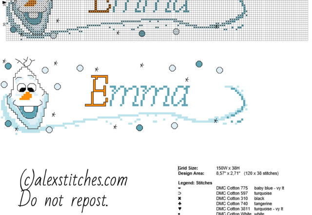 Cross stitch baby female name Emma with Disney Frozen Olaf character