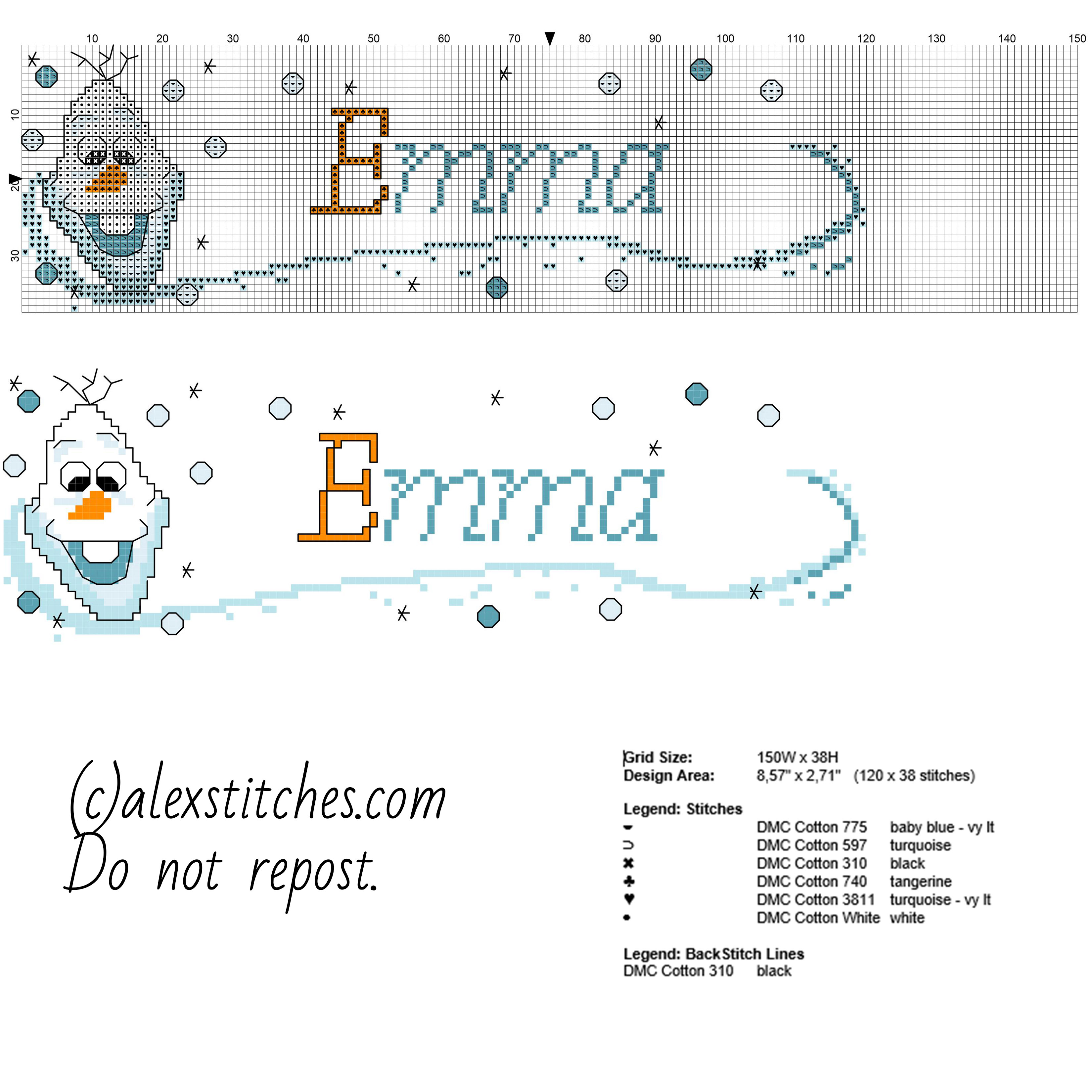 Cross stitch baby female name Emma with Disney Frozen Olaf character