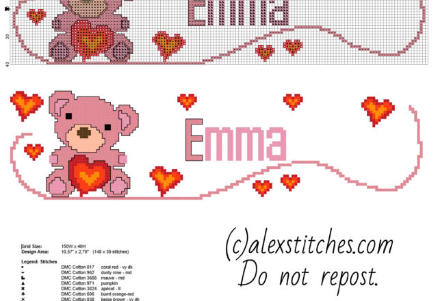 Cross stitch baby female name Emma with teddy bear and hearts free pattern download