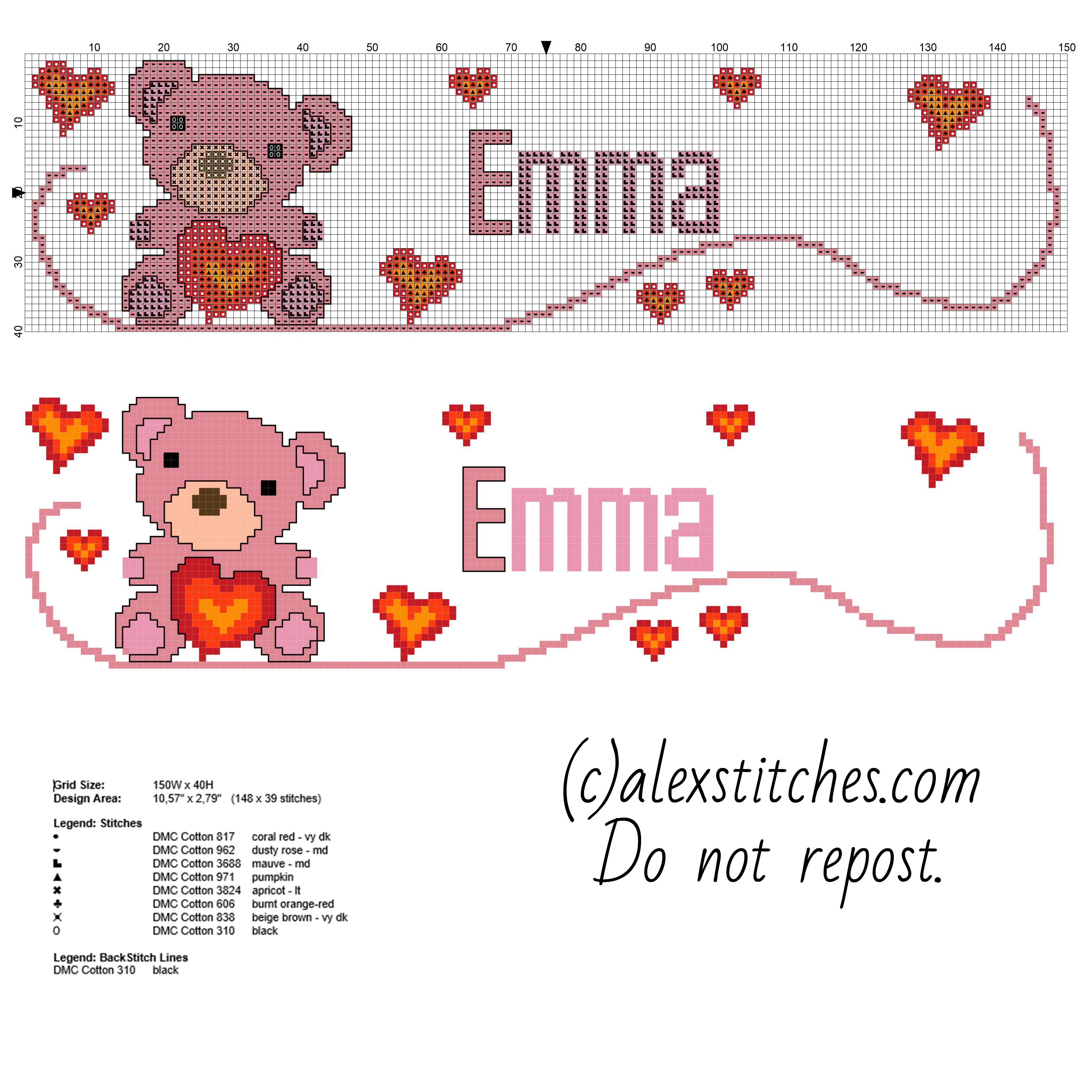 Cross stitch baby female name Emma with teddy bear and hearts free pattern download