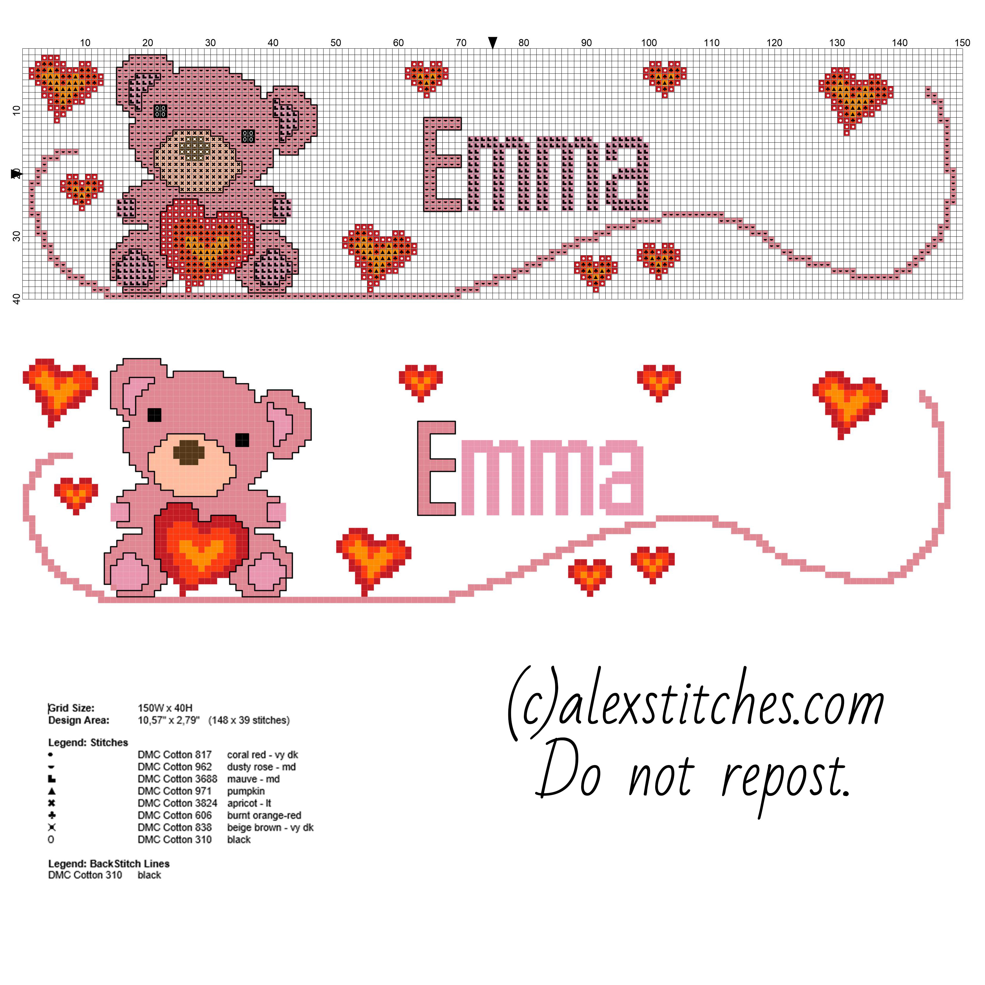 Cross stitch baby female name Emma with teddy bear and hearts free pattern download