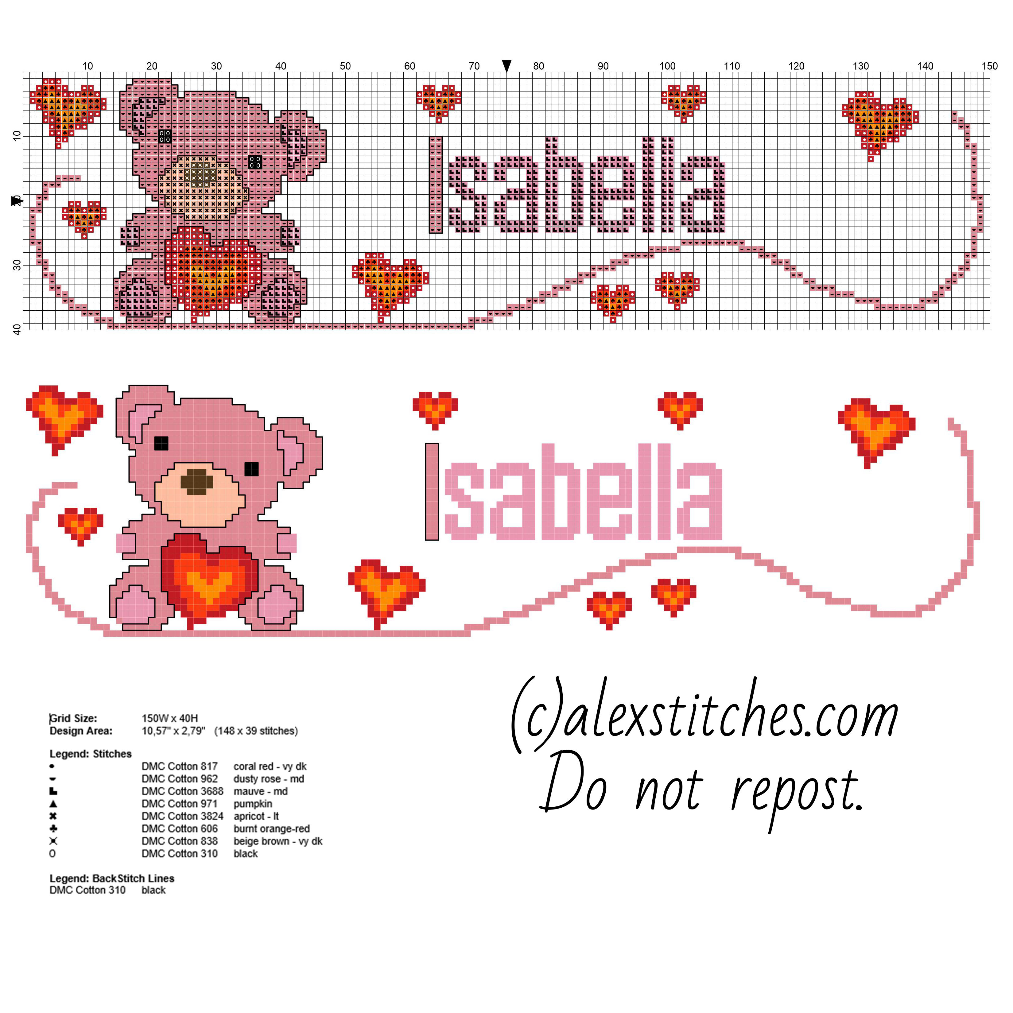 Cross stitch baby female name Isabella with pink teddy bear and red hearts