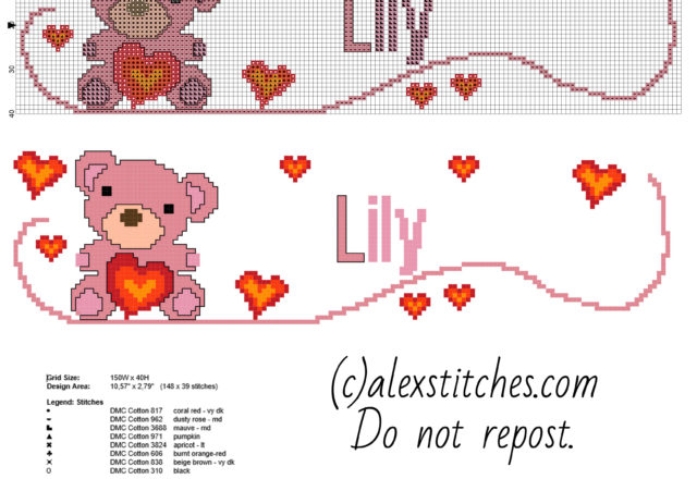 Cross stitch baby female name Lily with a teddy bear free download