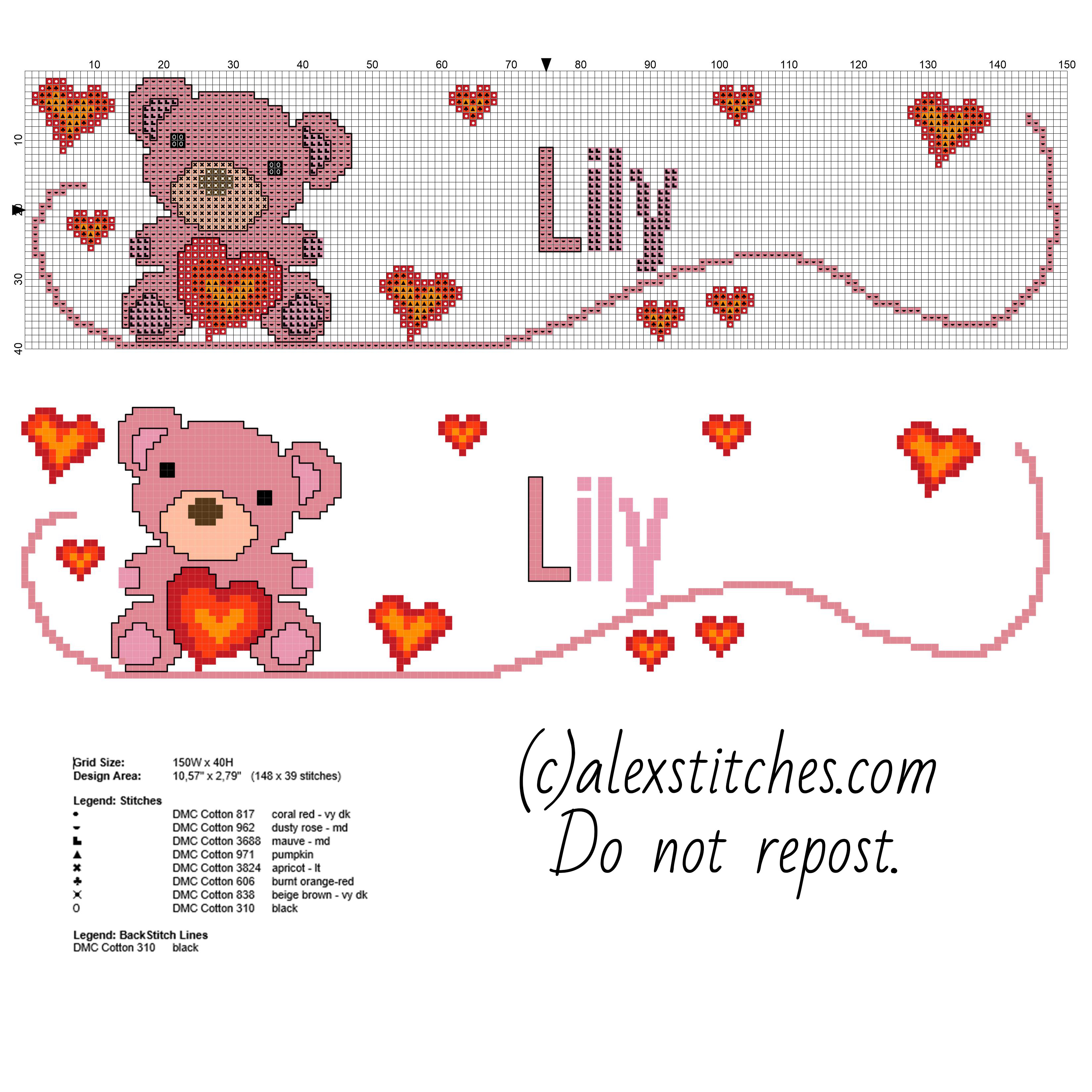 Cross stitch baby female name Lily with a teddy bear free download