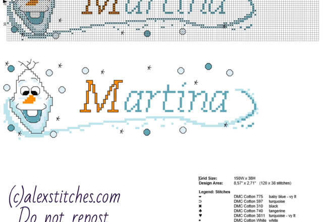 Cross stitch baby female name Martina with Disney Olaf character from Frozen cartoon