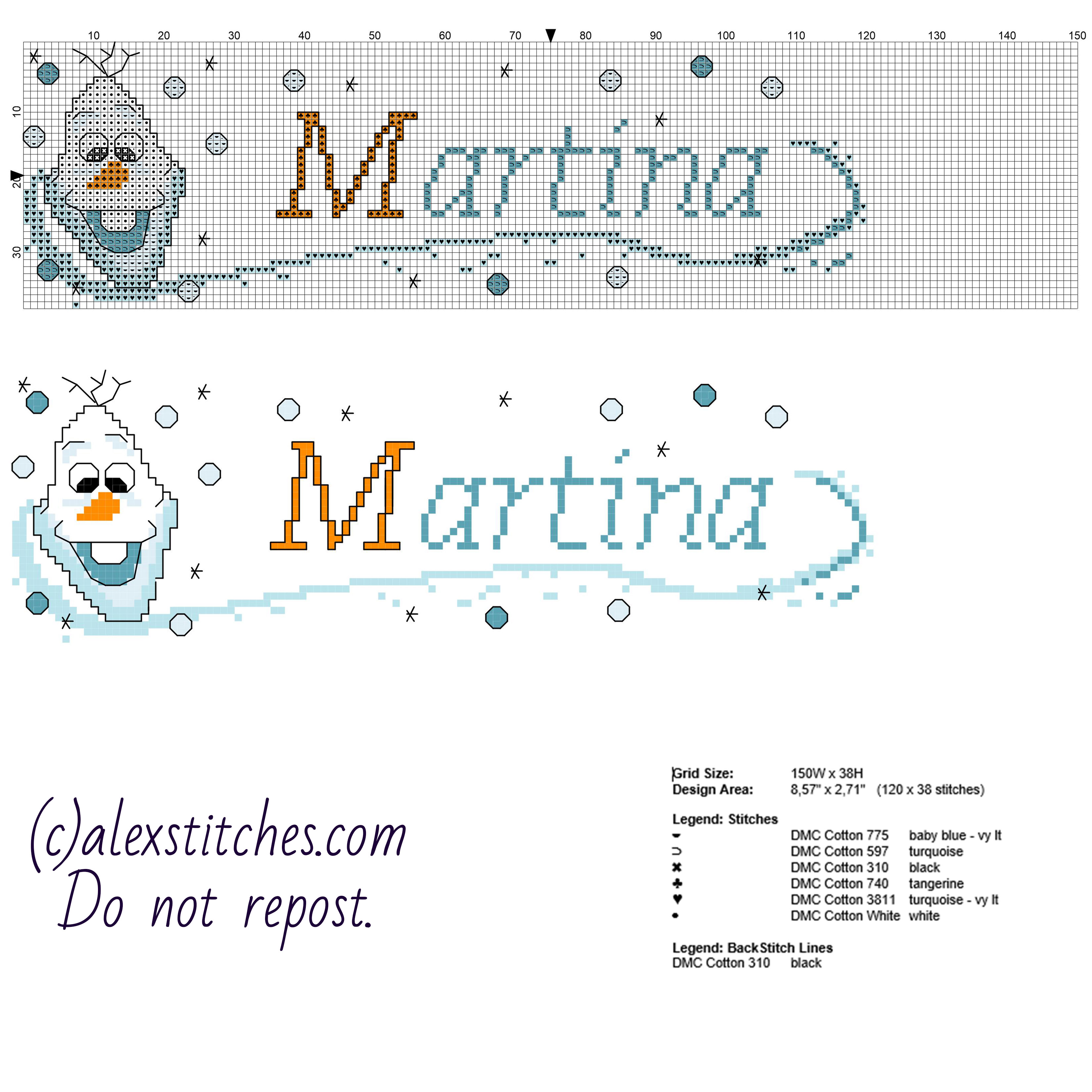 Cross stitch baby female name Martina with Disney Olaf character from Frozen cartoon