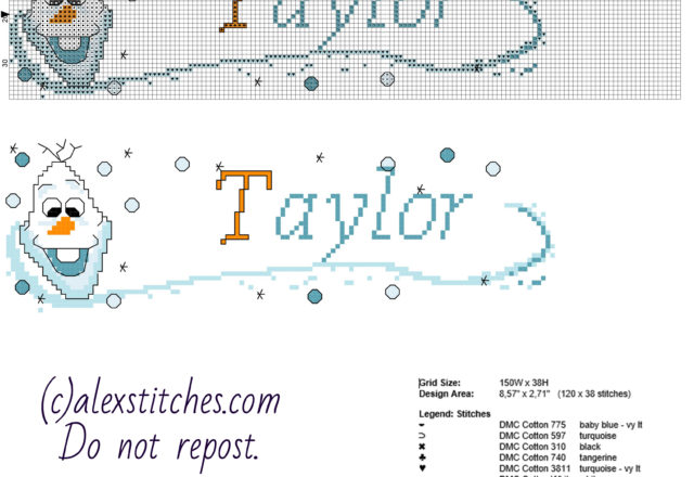 Cross stitch baby female name Taylor with Disney Frozen Olaf