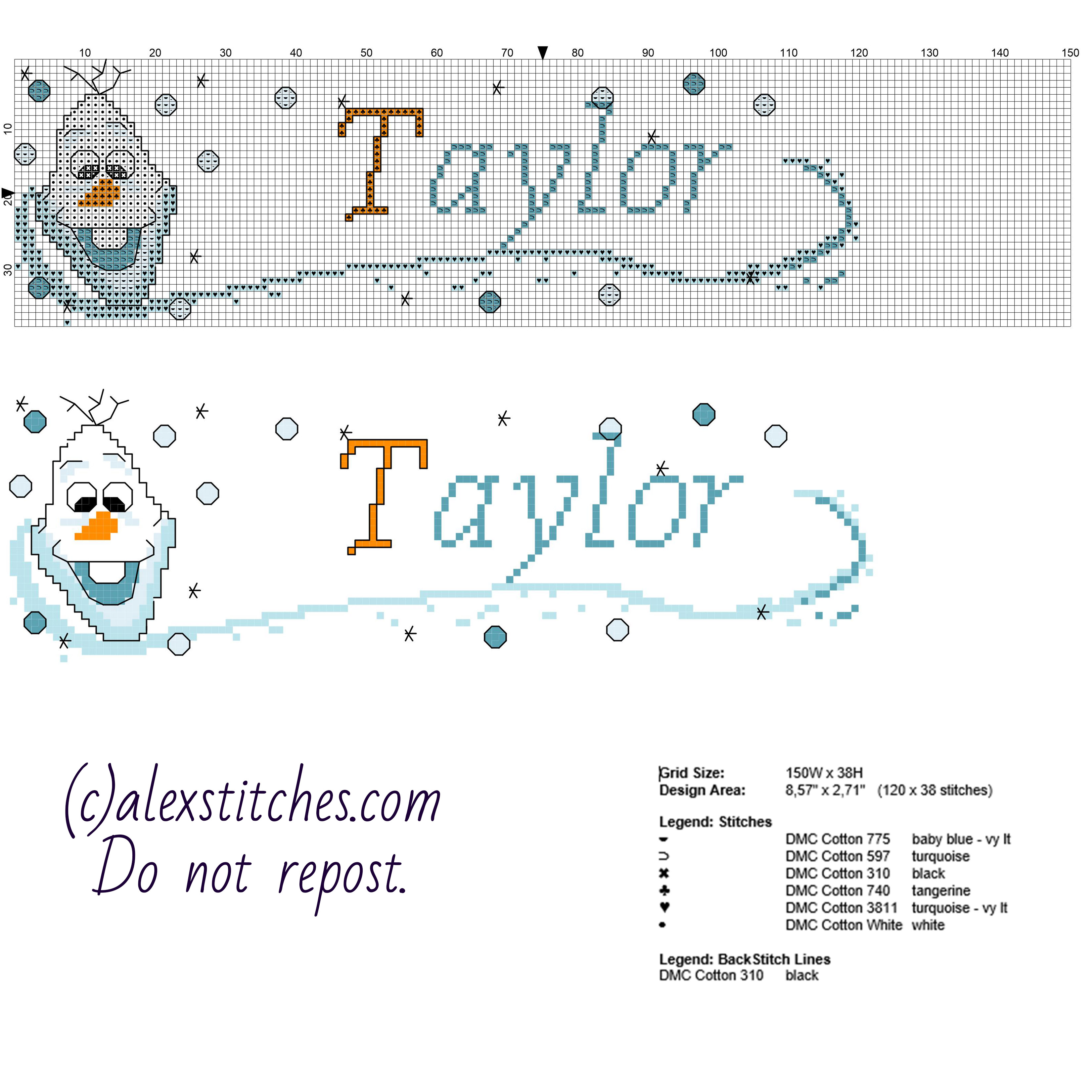 Cross stitch baby female name Taylor with Disney Frozen Olaf