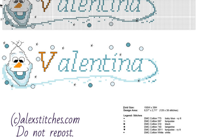 Cross stitch baby female name Valentina with Disney Frozen Olaf free download