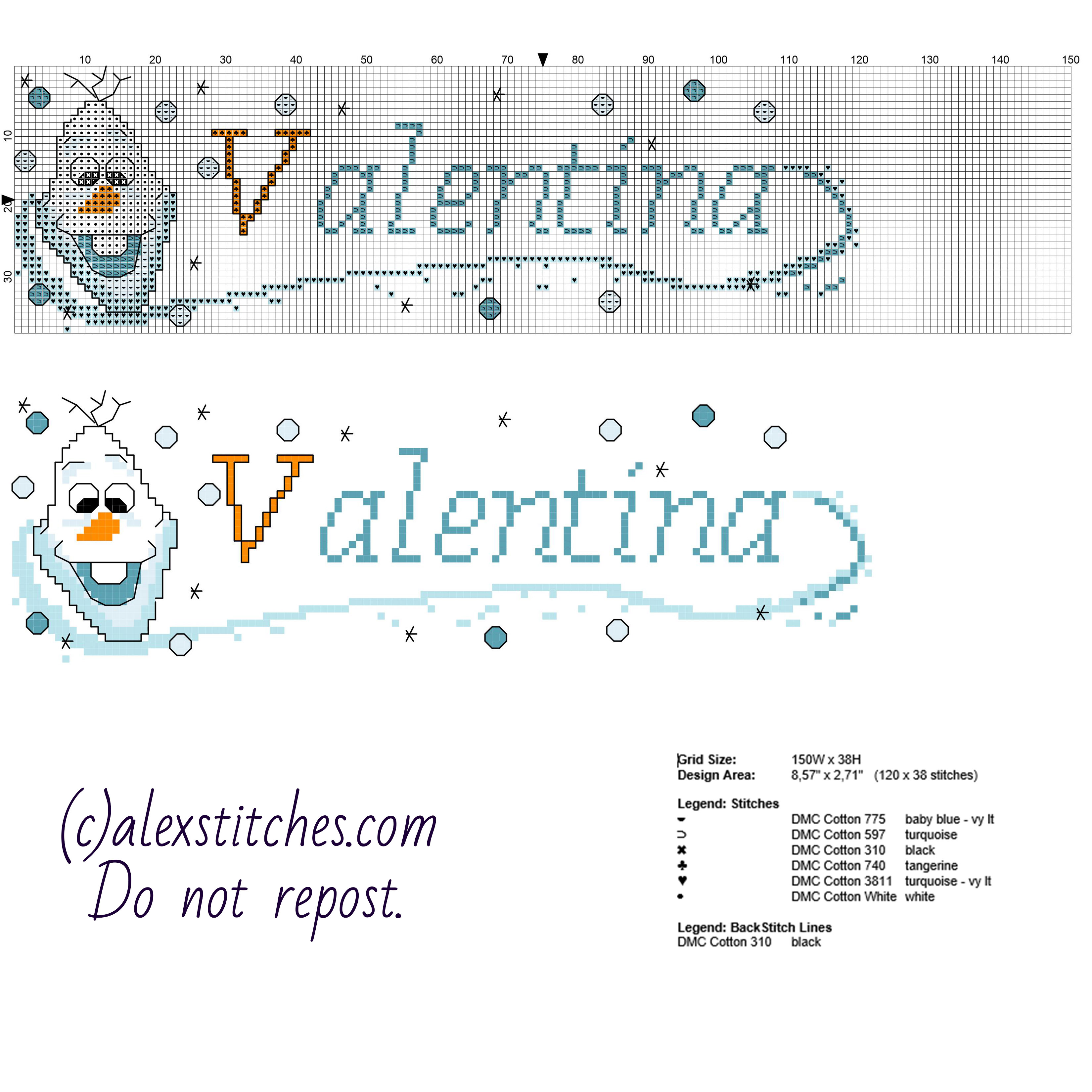 Cross stitch baby female name Valentina with Disney Frozen Olaf free download