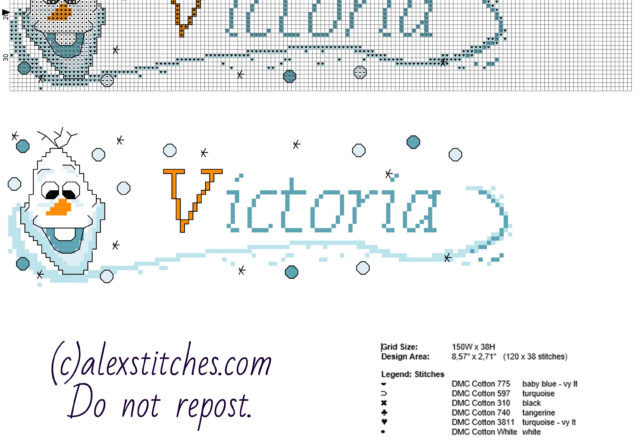 Cross stitch baby female name Victoria with Disney Frozen Olaf