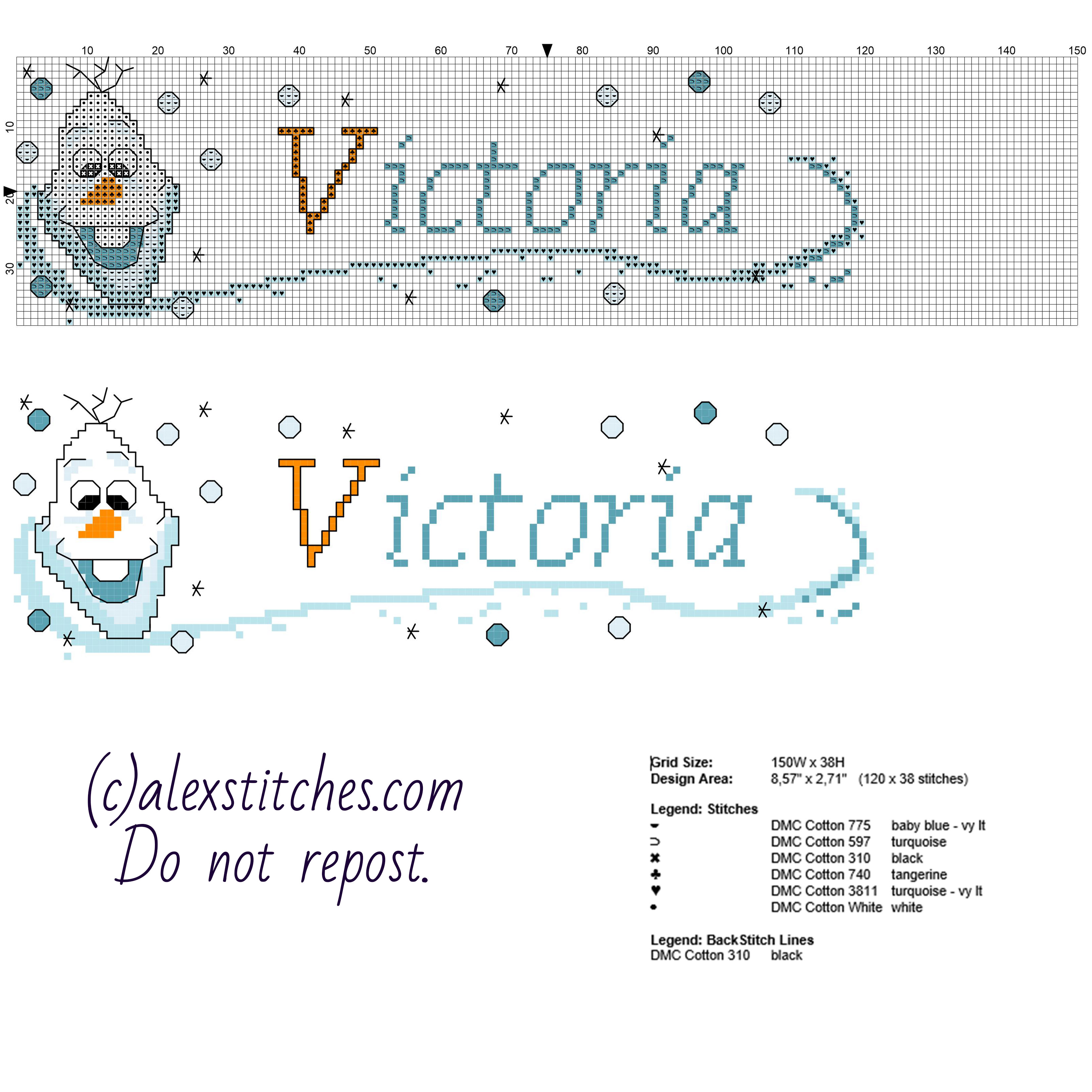 Cross stitch baby female name Victoria with Disney Frozen Olaf