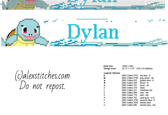 Cross stitch baby male name Dylan with Pokemon Squirtle free download