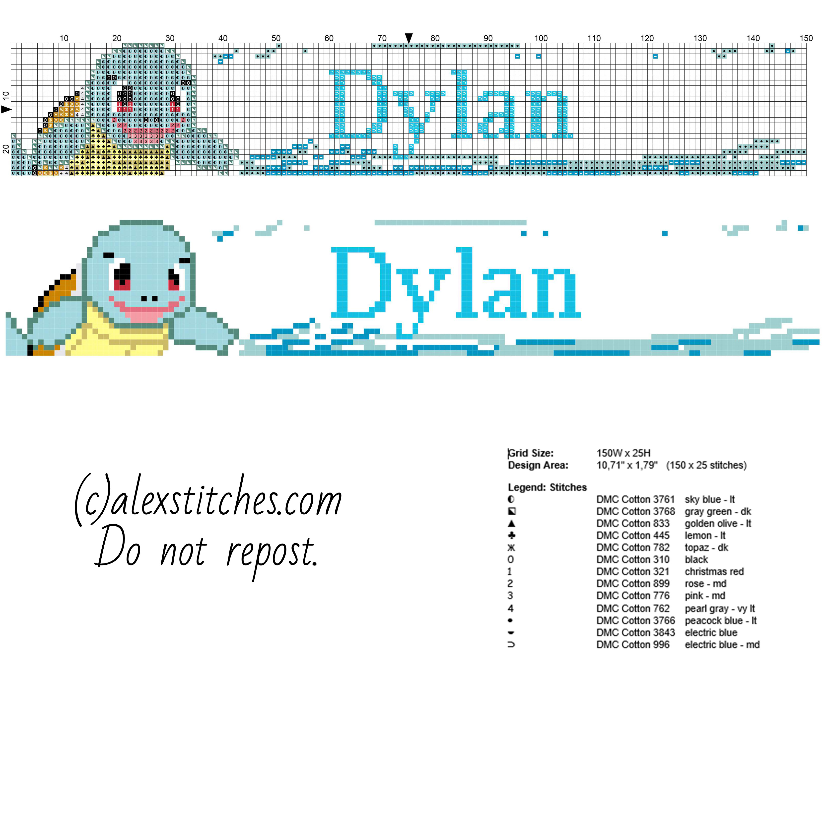 Cross stitch baby male name Dylan with Pokemon Squirtle free download