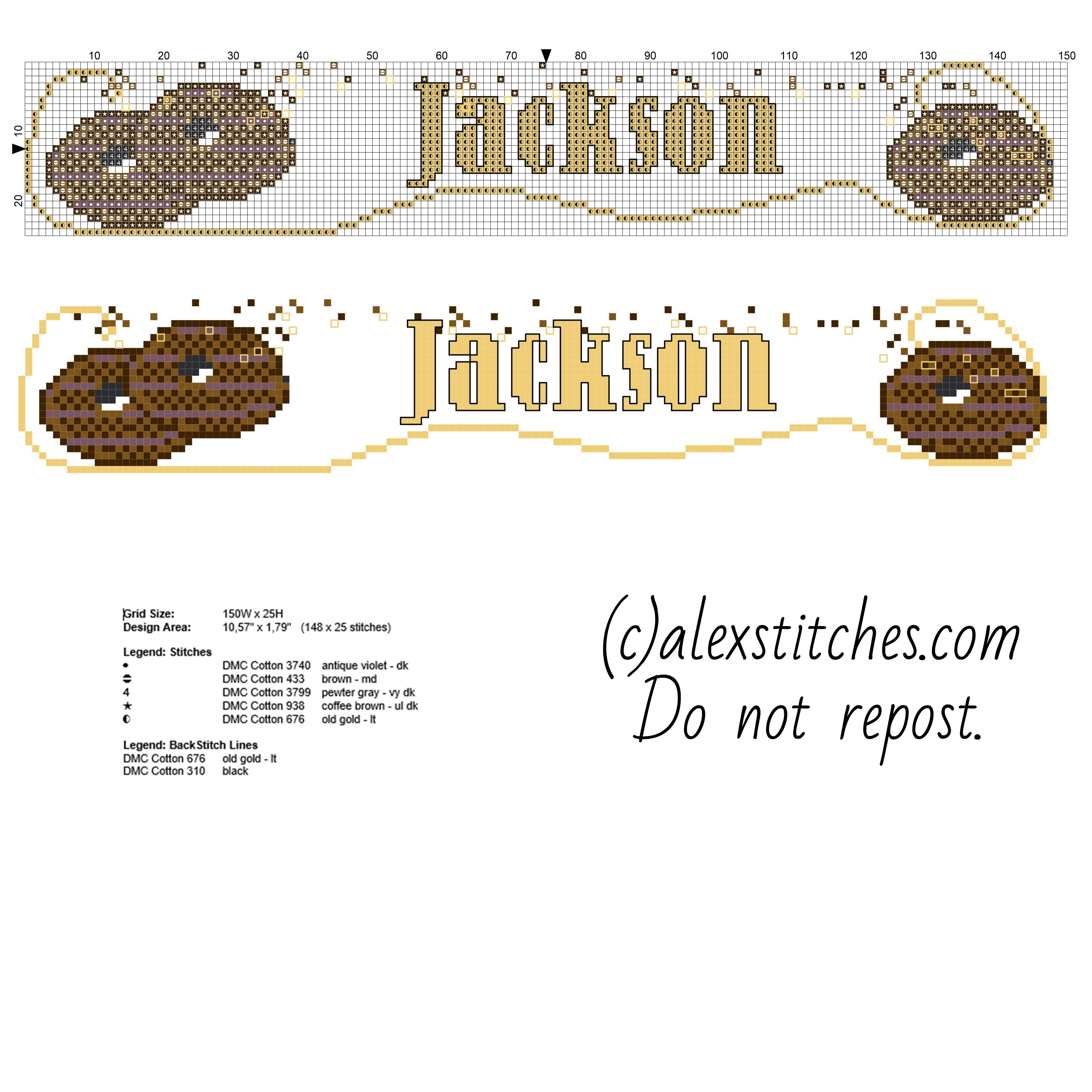 Cross stitch baby male name Jackson with chocolate biscuits free pcstitch download