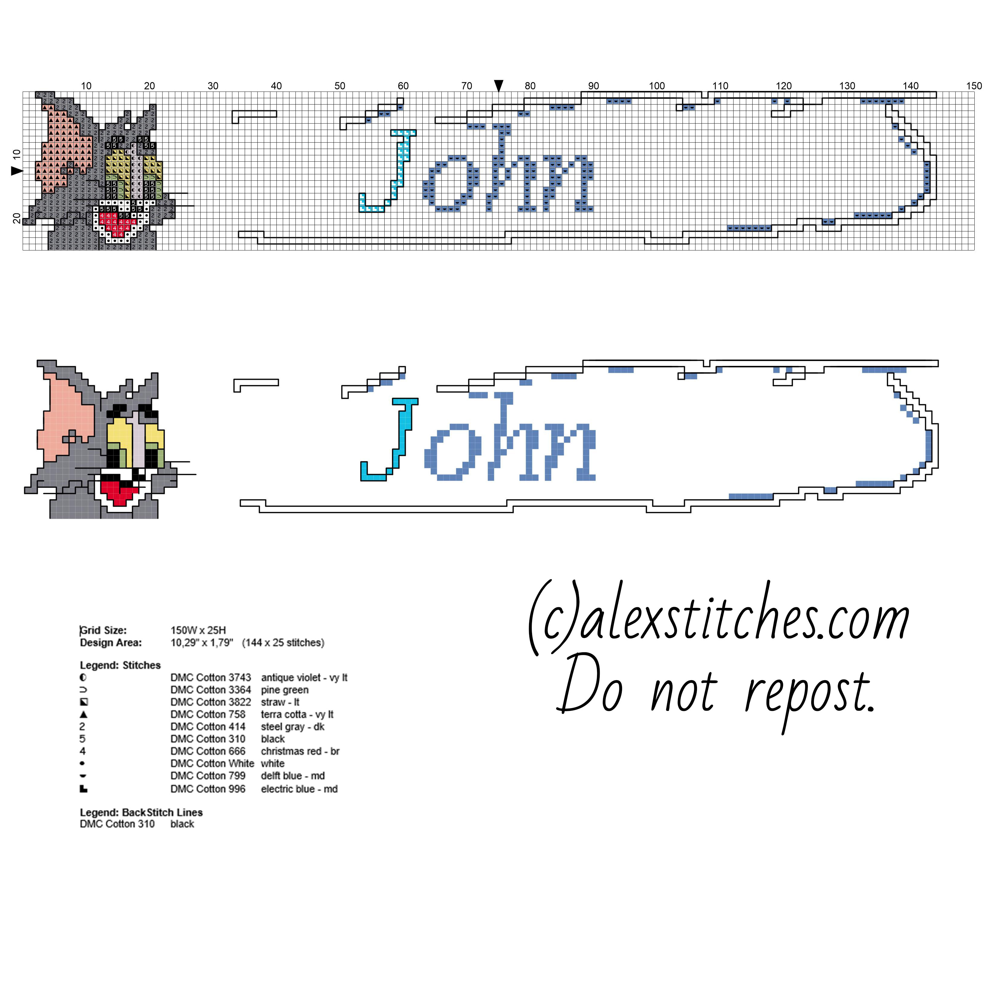 Cross stitch baby male name John with Tom from Tom and Jerry cartoon free download