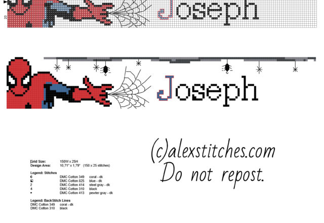 Cross stitch baby male name Joseph with Spider Man