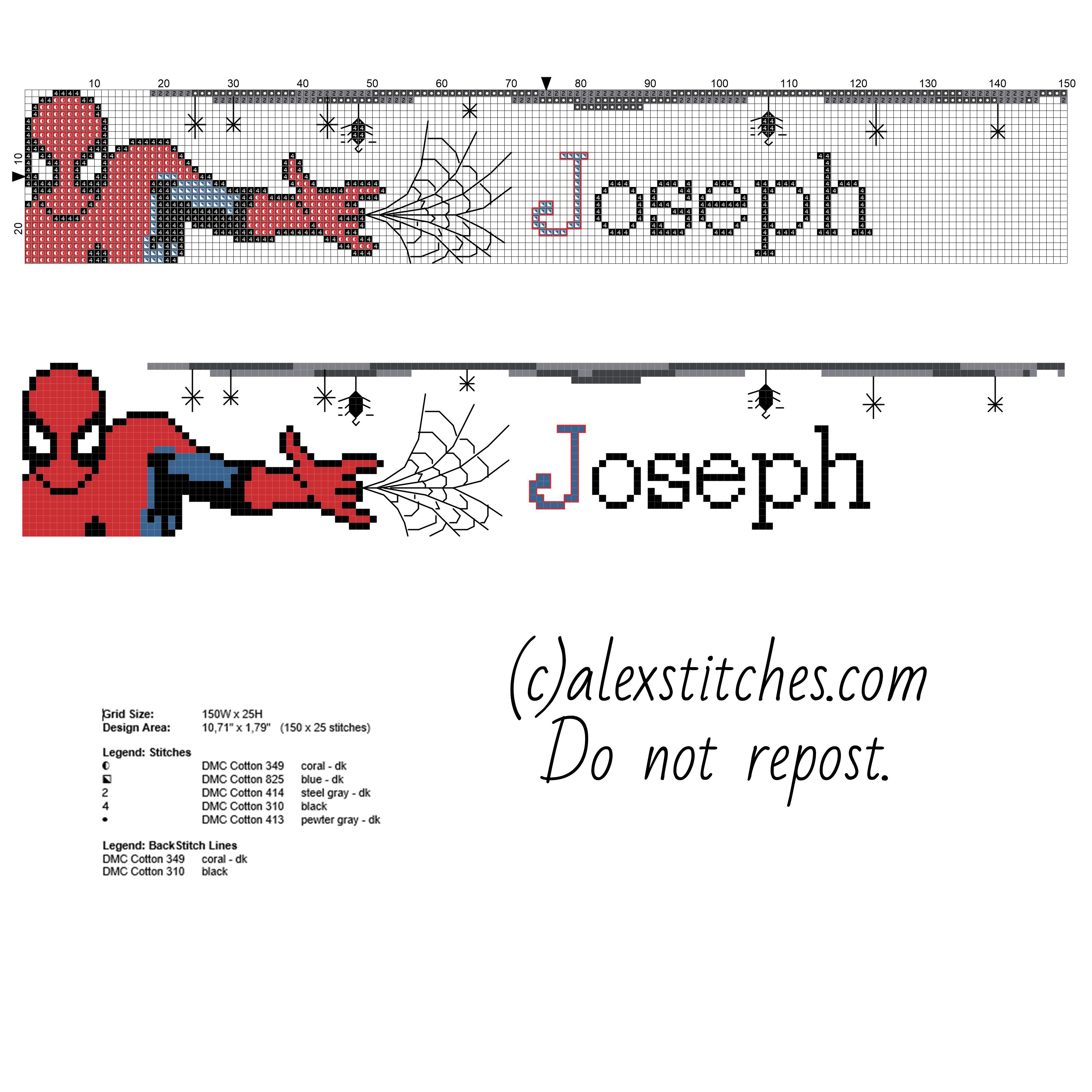 Cross stitch baby male name Joseph with Spider Man
