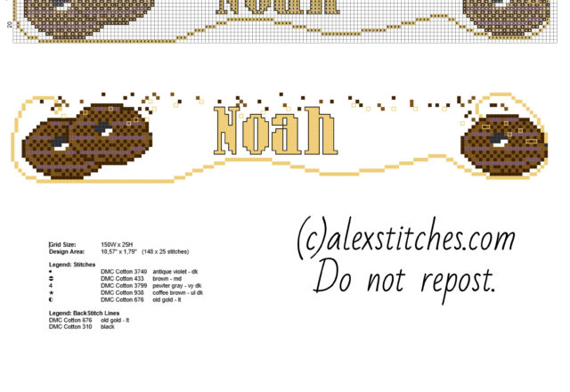 Cross stitch baby male name Noah with chocolate biscuits