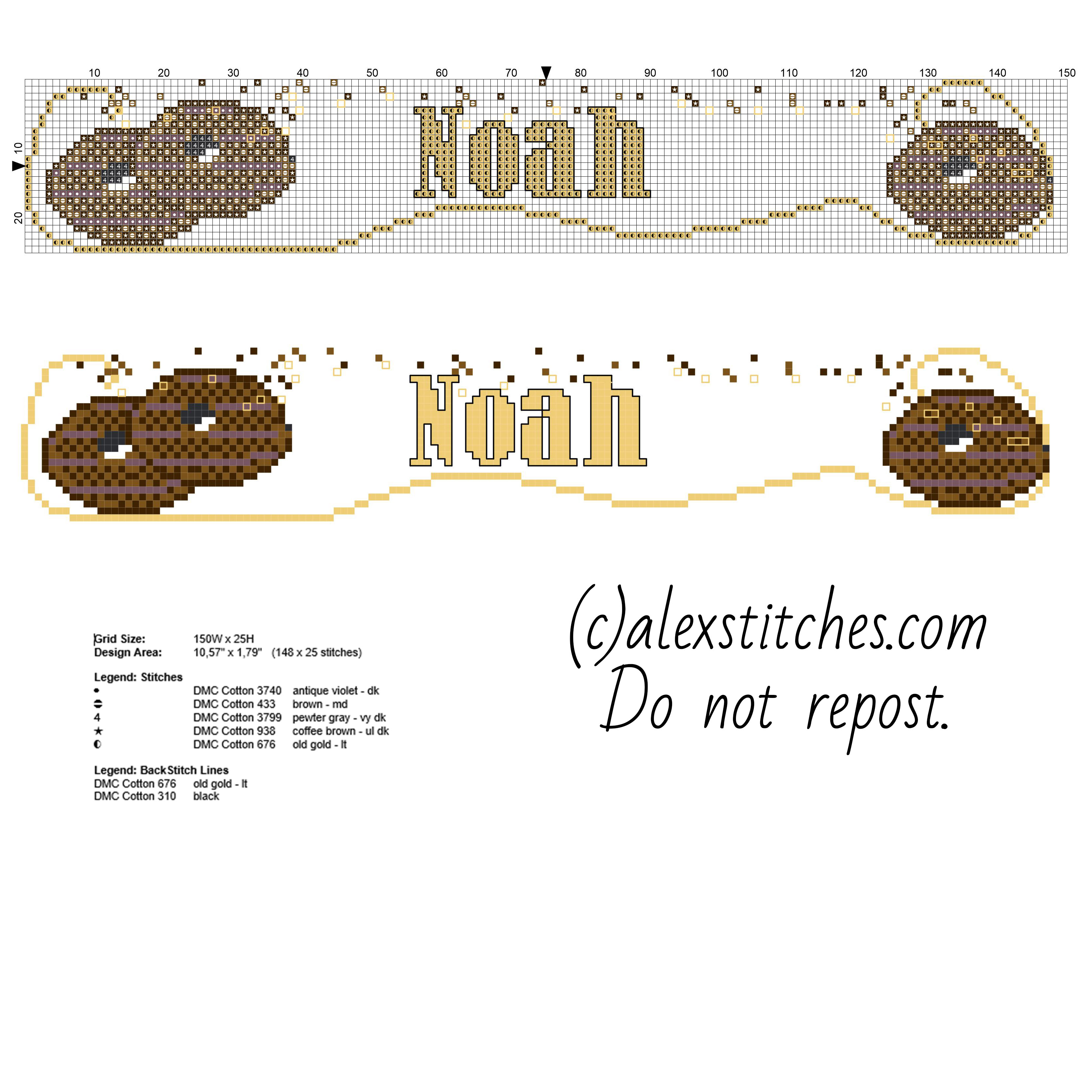 Cross stitch baby male name Noah with chocolate biscuits