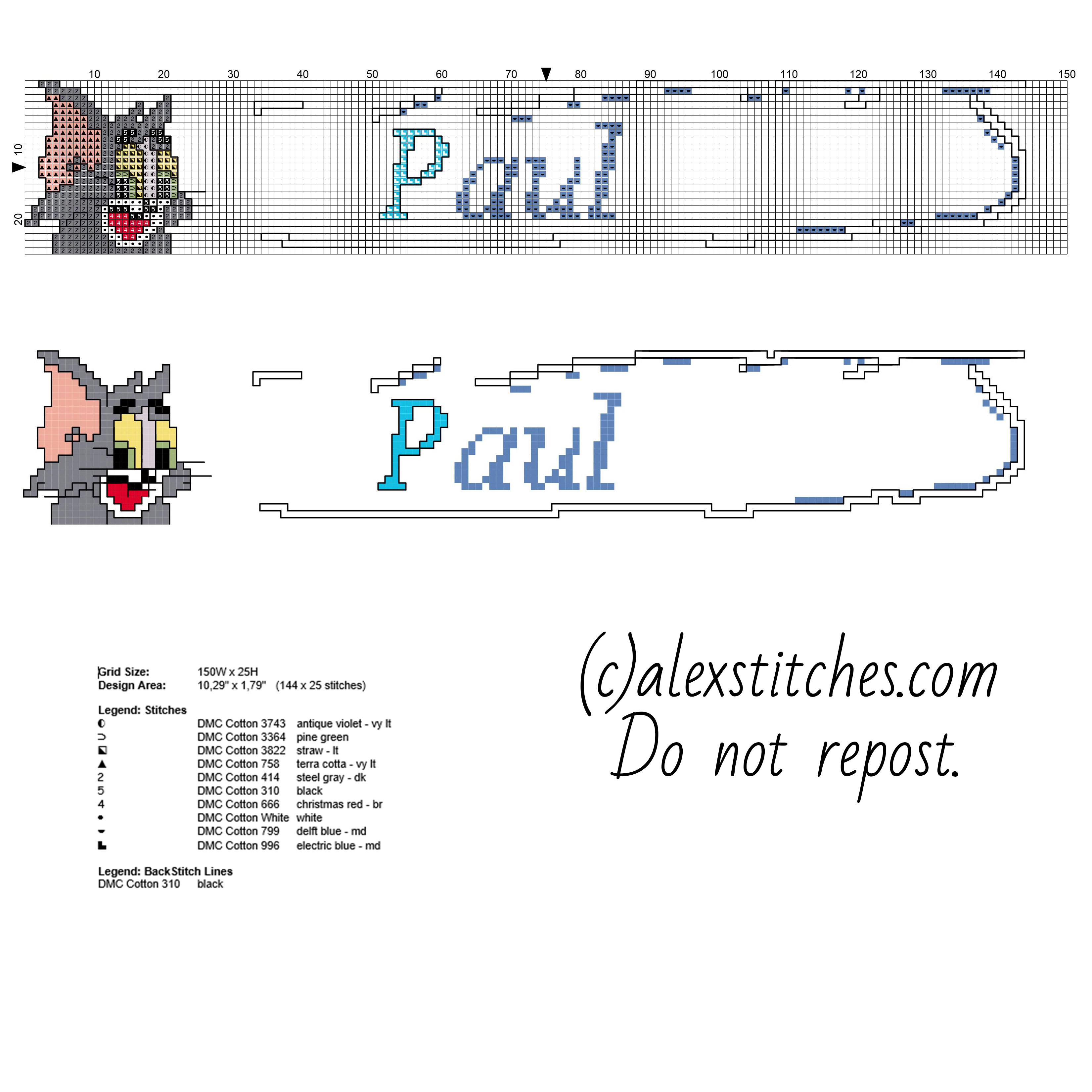 Cross stitch baby male name Paul with Tom the cat free cross stitch pattern download